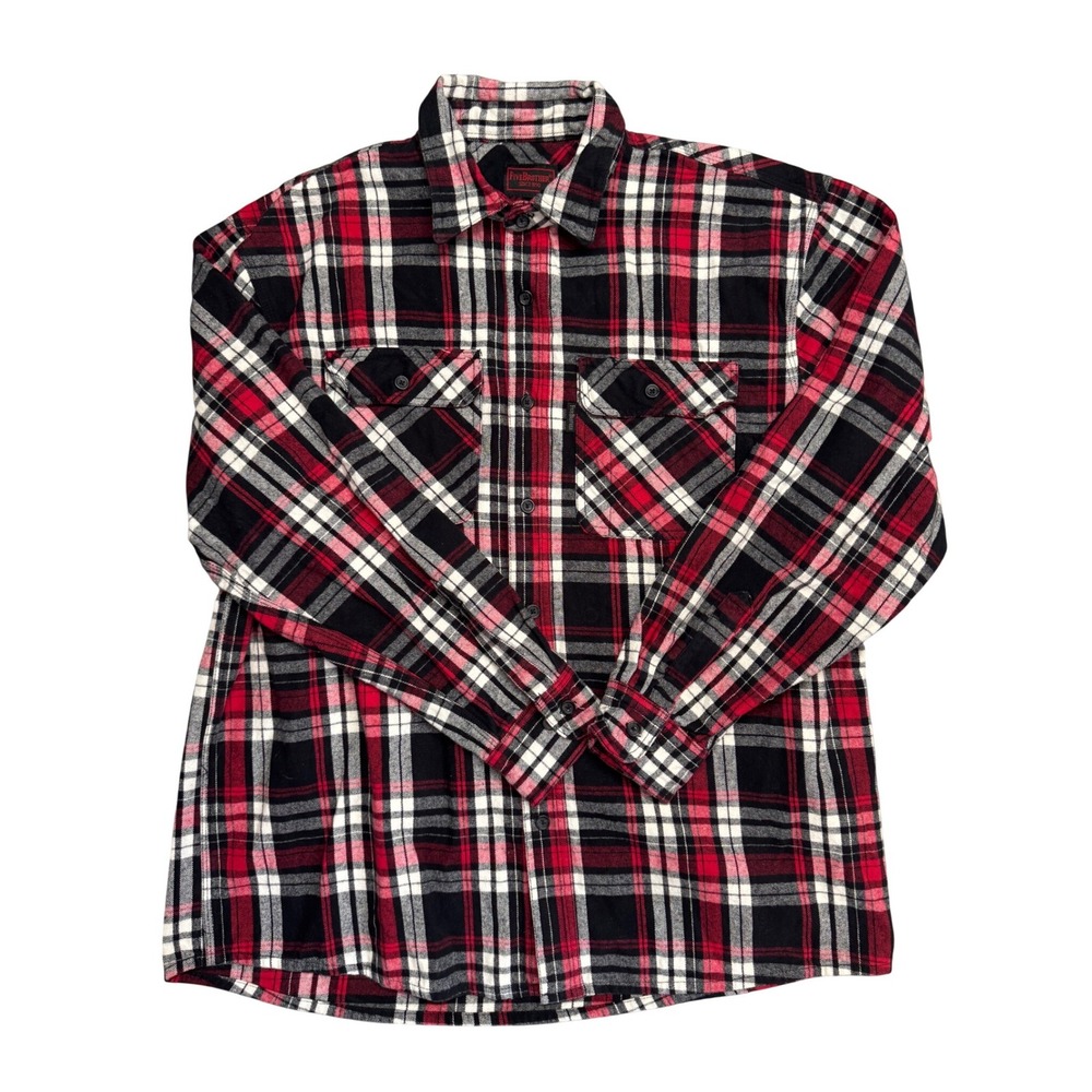 FiveBrother Mens XL Red Black White Plaid Heavy Flannel Button Down Work Shirt